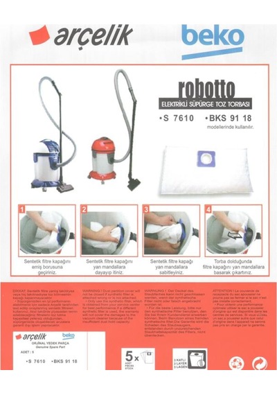 Arçelik Uyumlu S 7610 Süpürge Modeli 5 Adet Toz Torbası Robotto