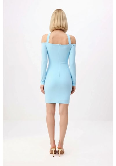 Benerly Kadın Mini Astarlı Carmen Yaka Uzun Kollu Bodycon Örme Elbise Alt Buz Mavisi
