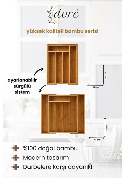 Bambu Kaşıklık Bölmeli Ayarlanabilir Çekmece Içi Kaşıklık Çatallık Çok Renkli