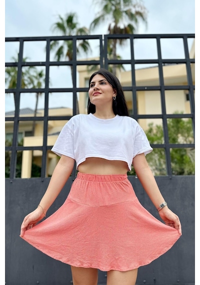 İpli Pembe Renk Bürümcük Kumaş Etek Şort Pembe