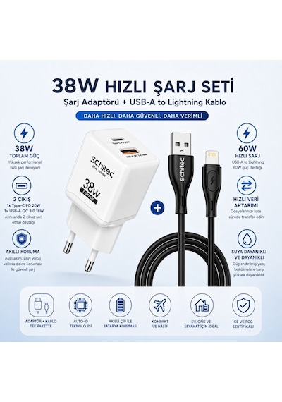 Schitec 38w 2 Çıkışlı Hızlı Şarj Başlığı Ve Usb-a To Lightning 30w Hızlı Data Ve Şarj Kablosu