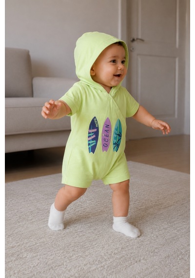 Babyhola Kapüşonlu Ocean Baskılı Kısa Kollu Unisex Bebek Tulum 10231 Yeşil