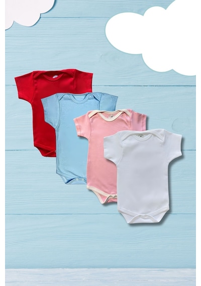 Betül Bebek Kısa Kollu 4'lü Organik Pamuk Çıtçıtlı Bebek Body & Zıbın Kırmızı,mavi,pembe,beyaz Çok Renkli