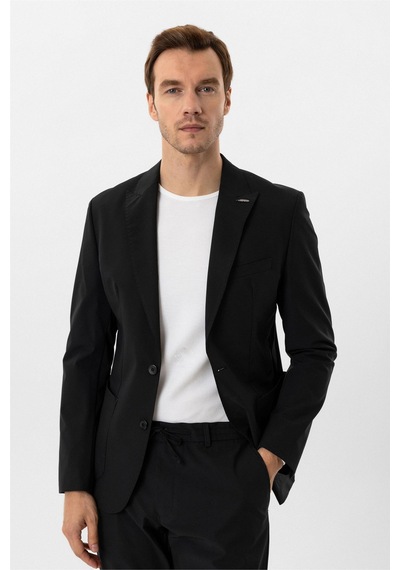 Süvari Siyah Slim Fit Düz Sivri Yaka 6 Drop Spor Takım Elbise