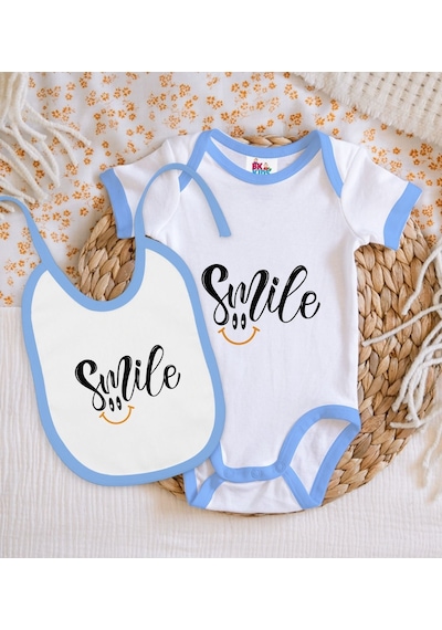 Bk Kids Smile Tasarımlı Mavi Bebek Body Zıbın Ve Mama Önlüğü Hediye Seti-1 Çok Renkli