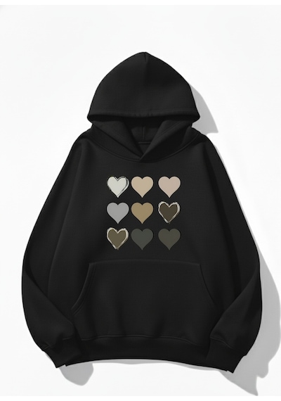 Uyguntarz Unisex Yumuşak Dokulu 9'lu Kalp Baskılı Tasarım Oversize 3 İplik Hoodie Sweatshirt siyah