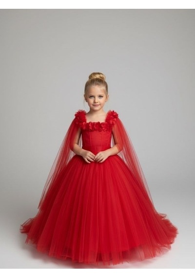 Zekids Kız Çocuk Kol Detaylı Prenses Model Abiye Elbise-17245 Kırmızı