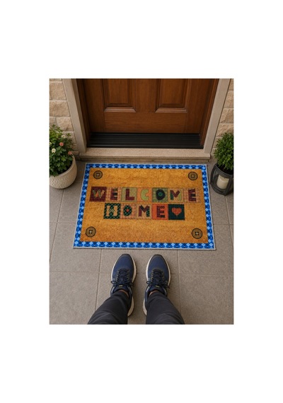Renkli Welcome Home Figürlü Retro Tasarım Dekoratif Kapı Önü Paspası 40x60cm Çok Renkli