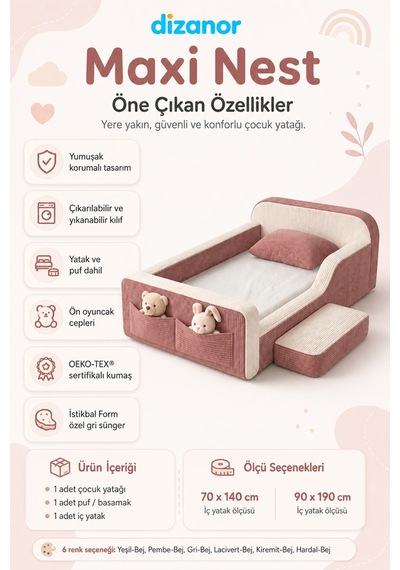 Dizanor Maxi Nest Tek Kısa Yan Kenarlı Montessori Yatak Seti - Pembe Fitilli 140 X 200 Dizanor Maxi Nest Tek Kısa Yan Kenarlı Montessori Yatak Seti - Pembe Fitilli 140 X 200