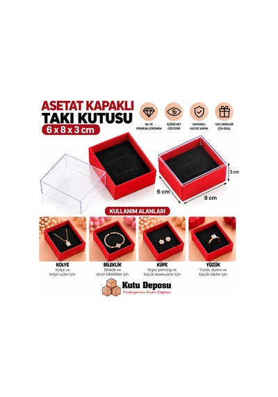 6x8x3 Cm Asetat Kapaklı Takı Kutusu-kırmızı Demonte 50 Adet
