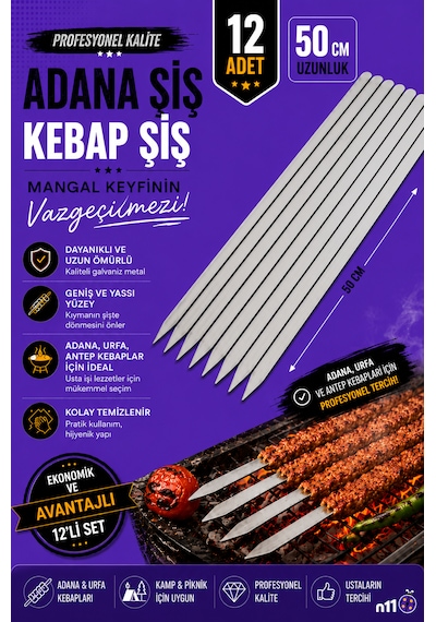 12 Adet Paslanmaz Galvaniz Adana-urfa Kebap Kuşbaşı Şişi 12 Adet Uzunluk 50 Cm