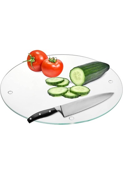 Yuvarlak Cam Kesme Tahtası Daire Sunumluk 30 Cm Çap Bella Vetro Temperli Cam Şeffaf