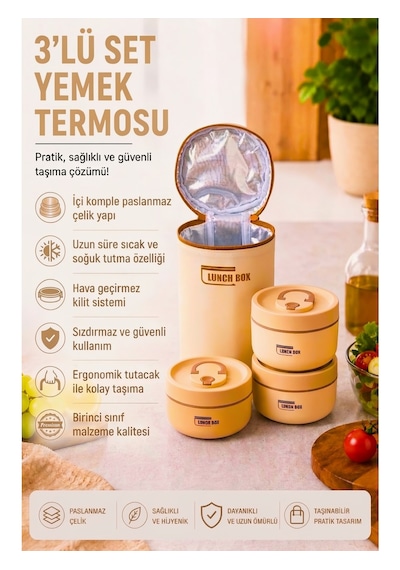 Paslanmaz Çelik Yemek Termosu 3'lü Set 304 Çelik - Termal Çantalı Bej