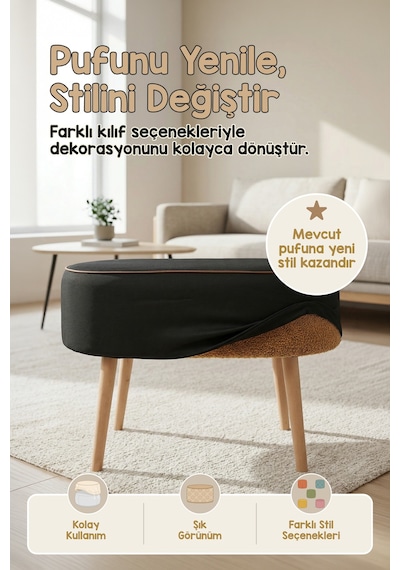 Yıkanabilir Puf Tabure Kılıfı Tak-Çıkar-Değiştir-Yenile Orta Sehpa Kılıfı 59x37x17 Meek Siyah