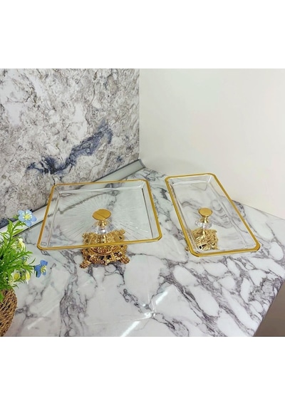 Assa Bazaar Gold 2 Parça Pasta Sunum Seti | Kurabiyelik Cam Servis Tabağı
