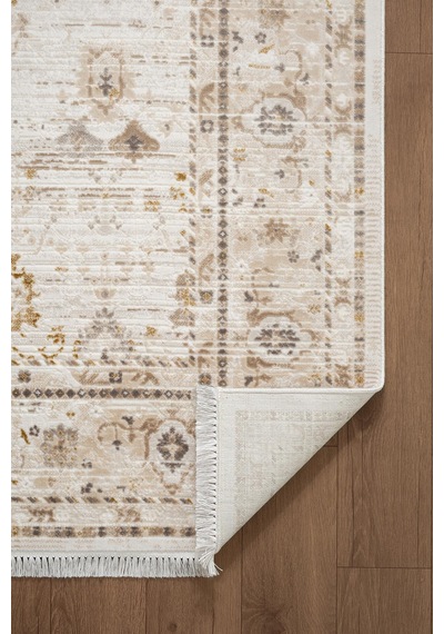 Etro Et003a Krem Klasik Modern Çerçeveli Etnik Desen Parlak Ağır Salon Halısı İpek Serisi-735 Krem