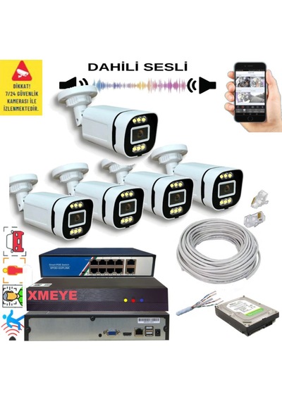 5 Li Yapay Zeka Destekli 5 Mp Görüntü Poe Bağlantılı Sesli 6 Warm Led Gece Renkli Ip Kamera Seti 4386ws