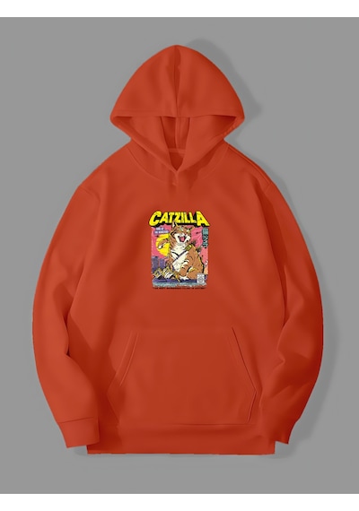 Harmandar 3 İplik Catzilla Baskılı Turuncu Kanguru Cepli Kapüşonlu Sweatshirt Hoodie Catzillaturuncusweat Harmandar 3 İplik Catzilla Baskılı Turuncu Kanguru Cepli Kapüşonlu Sweatshirt Hoodie Catzillaturuncusweat