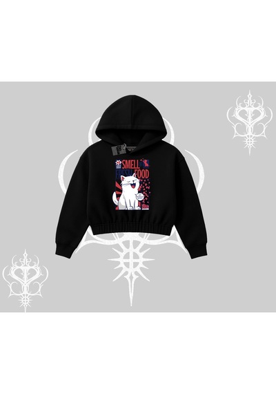 Startmore Smell Of Fresh Food Kedi Baskılı Kapşonlu Crop Sweatshirt Siyah