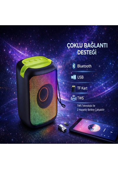 Mini Taşınabilir Bluetooth Hoparlör Rgb Işıklı Kablosuz Speaker Usb Tf Kart Tws Destekli Güçlü Ses