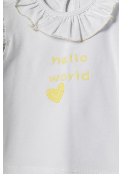 Hafy Baby Hello World Nakışlı, Fırfır Yakalı, Kız Bebek Şortlu Takım Beyaz - Sarı Hafy Baby Hello World Nakışlı, Fırfır Yakalı, Kız Bebek Şortlu Takım Beyaz - Sarı
