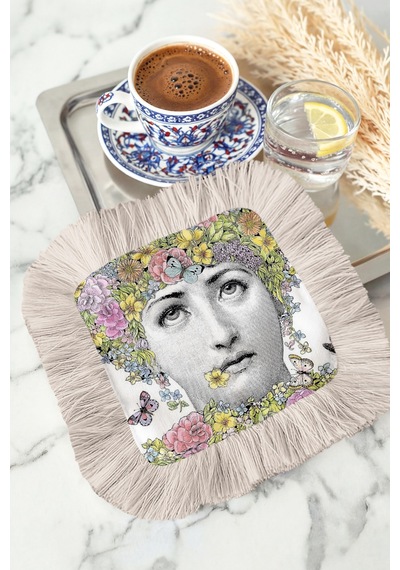 Çiçekli Portre Püsküllü Sunum Peçetesi - Vintage Bohem Pastel Krem Bardak Altlığı Mendil Sisli Açık Hardal