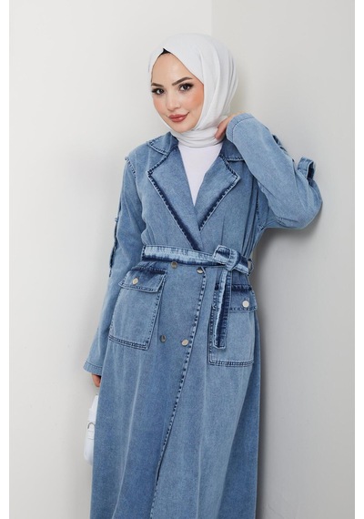 Hb Harma Time Butik Kadın Cepli Kuşaklı Denim Mavi Trençkot Mavi Mavi