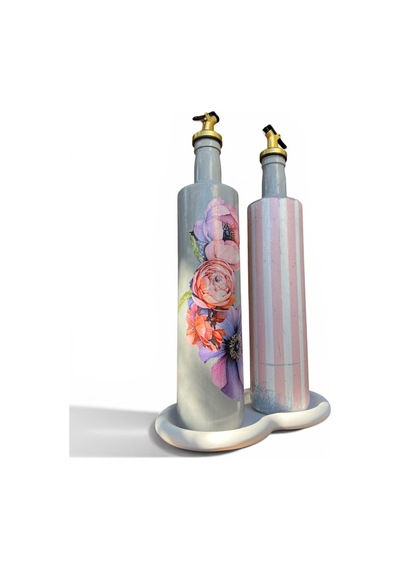 750 Ml Büyük Boy El Yapımı Cam Yağdanlık Sirkelik 2'li Set Çiçek Desenli Ve Çizgili Dekoratif Zeyt Pembe Ve Beyaz