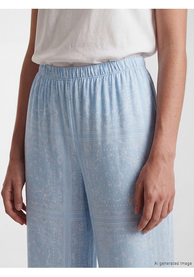 Lcw Dream Mavi Bisiklet Yaka Desenli Kadın Kaprili Pijama Takımı