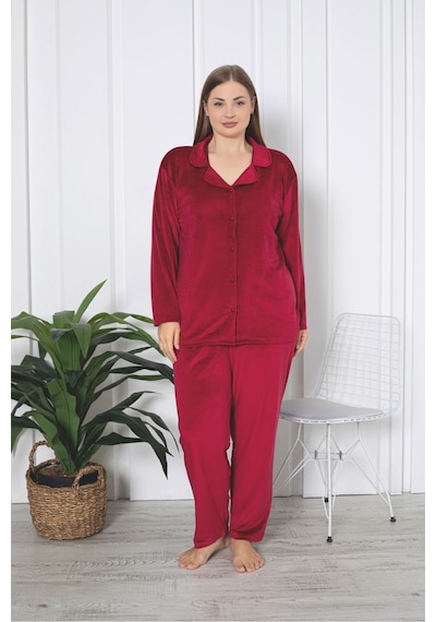 Büyük Beden Boydan Düğmeli Kadife Pijama Takımı Kırmızı