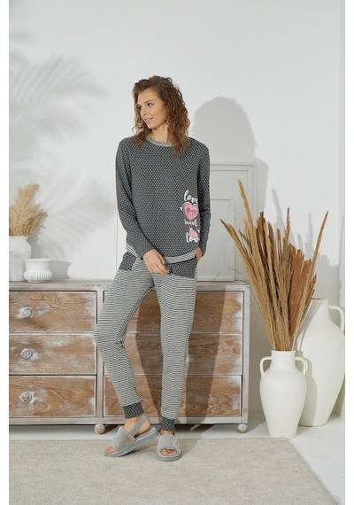 Sevim Kadın Uzun Kol Jakarlı Kalın Aantrasit Pijama Takımı C1t4n9o85 001