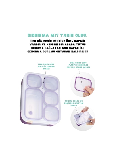 Vagonlife Bento 1000ml Lunchbox Tek Katlı 5 Bölmeli Çelik Sefer Tası Yemek Kutusu Mor Diğer