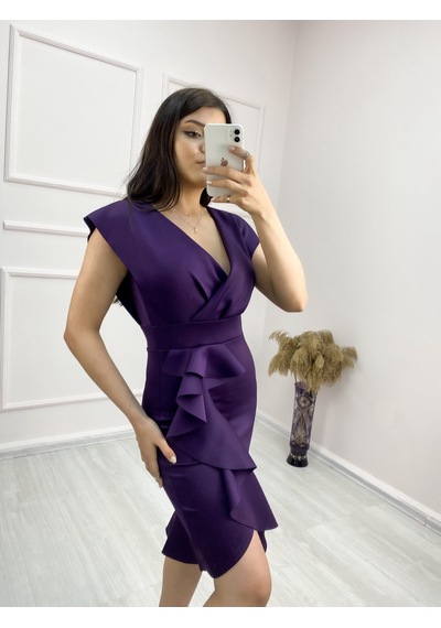 Tua Moda Scuba Kumaş Önü Fırfırlı Midi Boy Elbise Mürdüm
