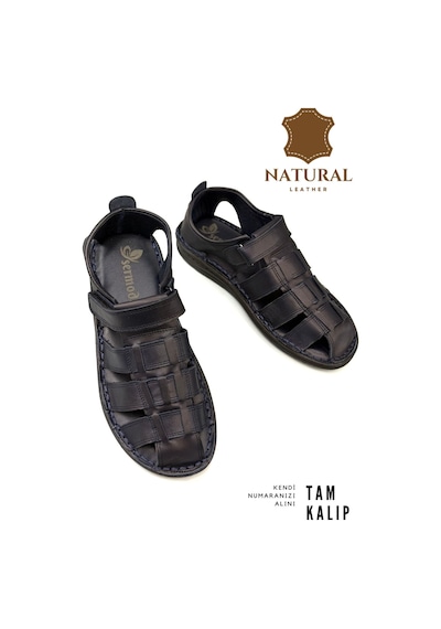 Sermoda %100 Hakiki Deri Burnu Kapalı Erkek Sandalet Lacivert