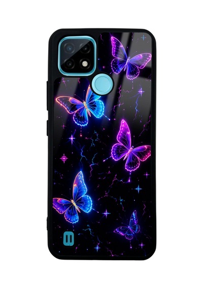 Realme C21 Neon Butterfly Dream Tasarımlı Glossy Telefon Kılıfı Mavi