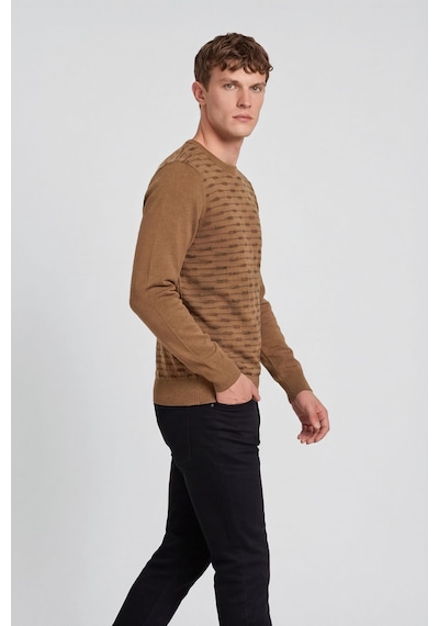 Sabri Özel Erkek Camel Normal Kesim Regular Fit Yünlü Standart Boy Dokuma Triko Kazak