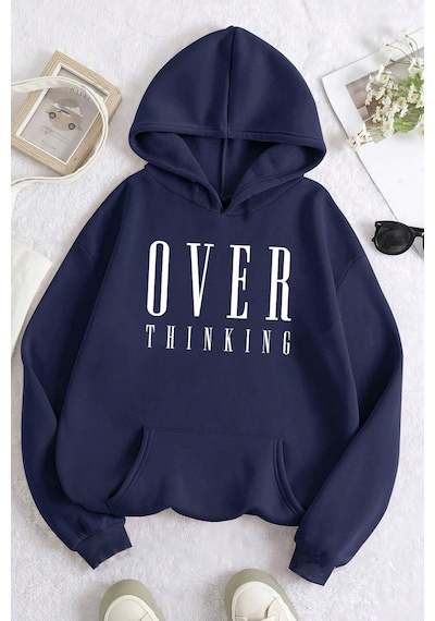 Uyguntarz Over Thinking Baskılı Unisex Oversize Sweatshirt Lacivert