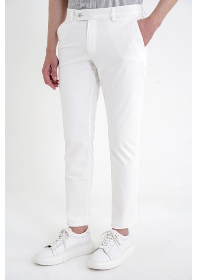 Comfort Fit Rahat Kalıp Yan Cep Pamuklu Dokulu Ekru Pantolon P 1219