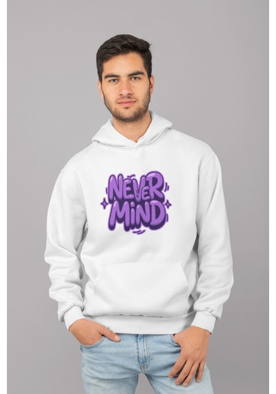 Nevermind Unisex Oversize Kapüşonlu Sweatshirt - Graffiti Yazı Baskılı Stre Beyaz