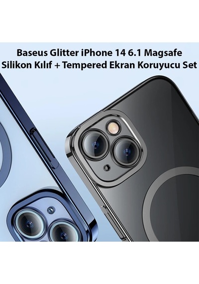 Baseus Glitter Apple iPhone Uyumlu 14 6.1 Magsafe Silikon Kılıf + Tempered Ekran Koruyucu Set- 5775 Mavi