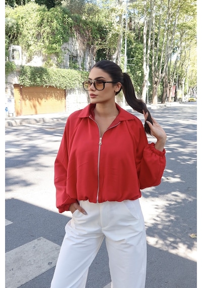 Kechi Woman Kadın Linda Twill Kumaş Gömlek Yaka Balon Kol Fermuarlı Kısa Ceket Sonbahar Kış Kırmızı Kechi Woman Kadın Linda Twill Kumaş Gömlek Yaka Balon Kol Fermuarlı Kısa Ceket Sonbahar Kış Kırmızı