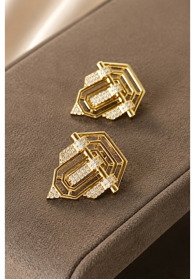 Sertifikalı 316l Çelik Zirkon Taşlı Geometrik Art Deco Premium Altın Kaplama Kadın Küpe