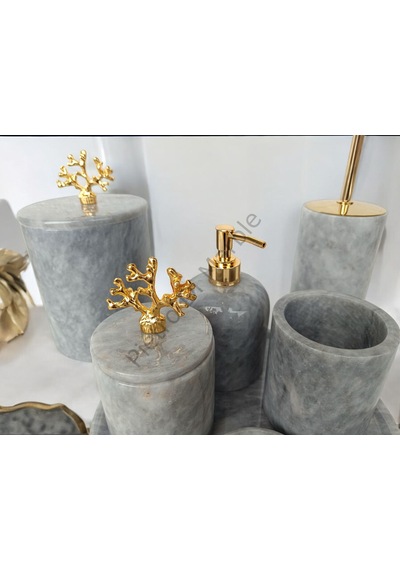 Gri Mermer Klasik Model 7 Parça Gold Renk Mercan Aksesuarlı Banyo Seti Gri