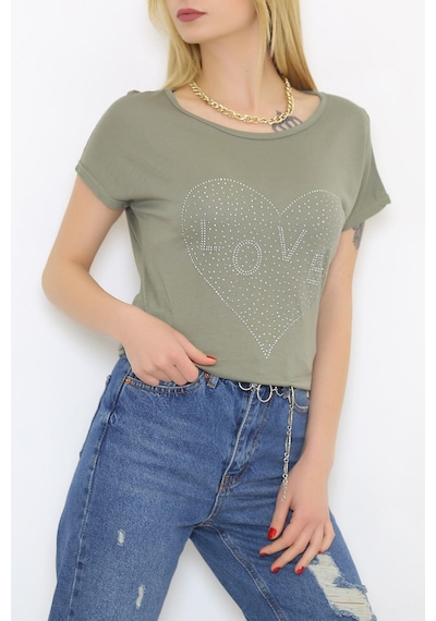 Zhlbutik Love Taşlı Bluz AçıkHaki