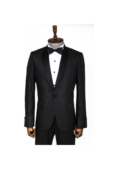 Wessi Beşgen Desenli Şal Yaka Siyah Erkek Smokin Ceket Siyah