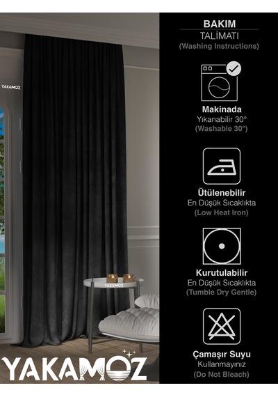 Yakamoz Kadife Görünüm Siyah Ada Fon Perde Ekstraforlu Velvet Touch Serisi Siyah