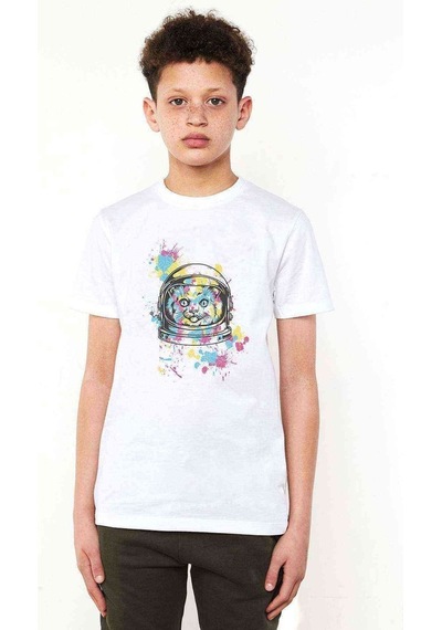 Tshirthane Cattronot Cat Astronot Baskılı Unisex Çocuk Beyaz T-Shirt