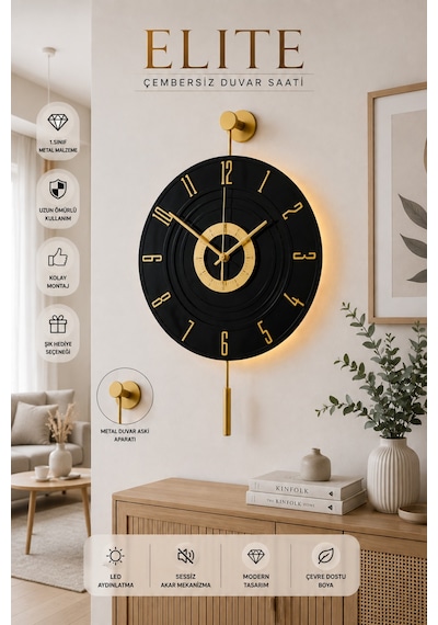 MetaQuartz Aksesuar Kardelen Gold Siyah Ledli 12 - 24 Duvar Saati Siyah - Gold