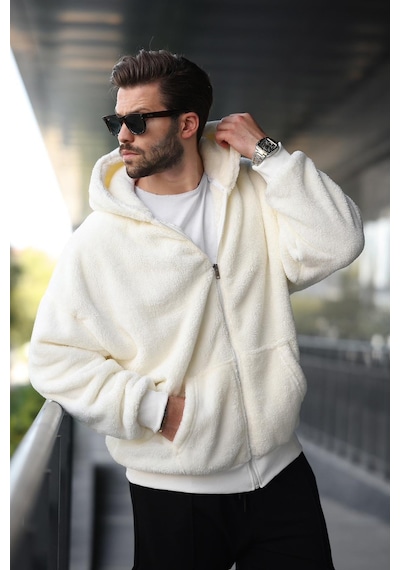 Madmext Ekru Peluş Over Fit Kapüşonlu Fermuarlı Erkek Sweatshirt 6049 Ekru