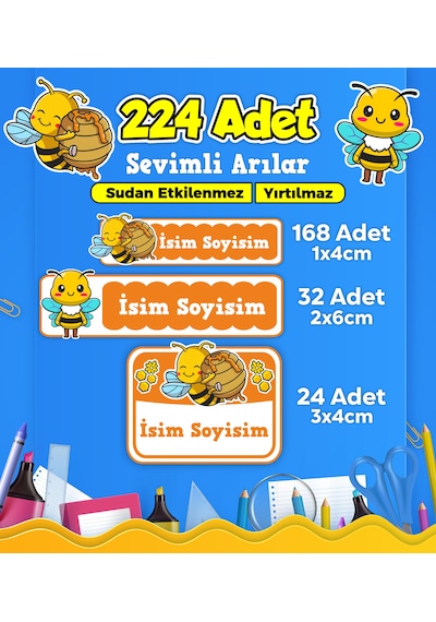 Sevimli Arı Temalı Okul Kreş Kişiye Özel İsim Etiket Seti - Model 441 Çok Renkli